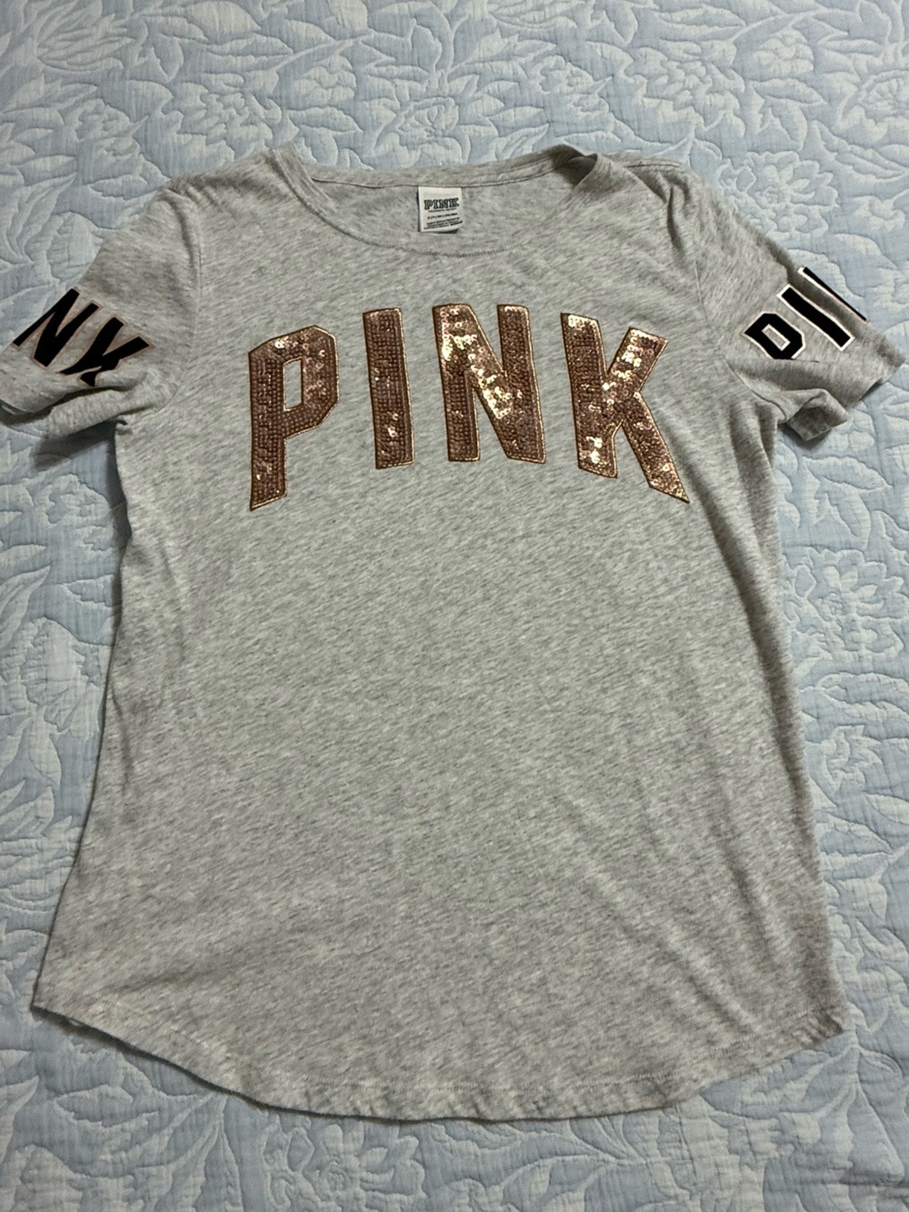 PINK Victoria's Secret Gray Tee with Rose Gold Sequin Logo